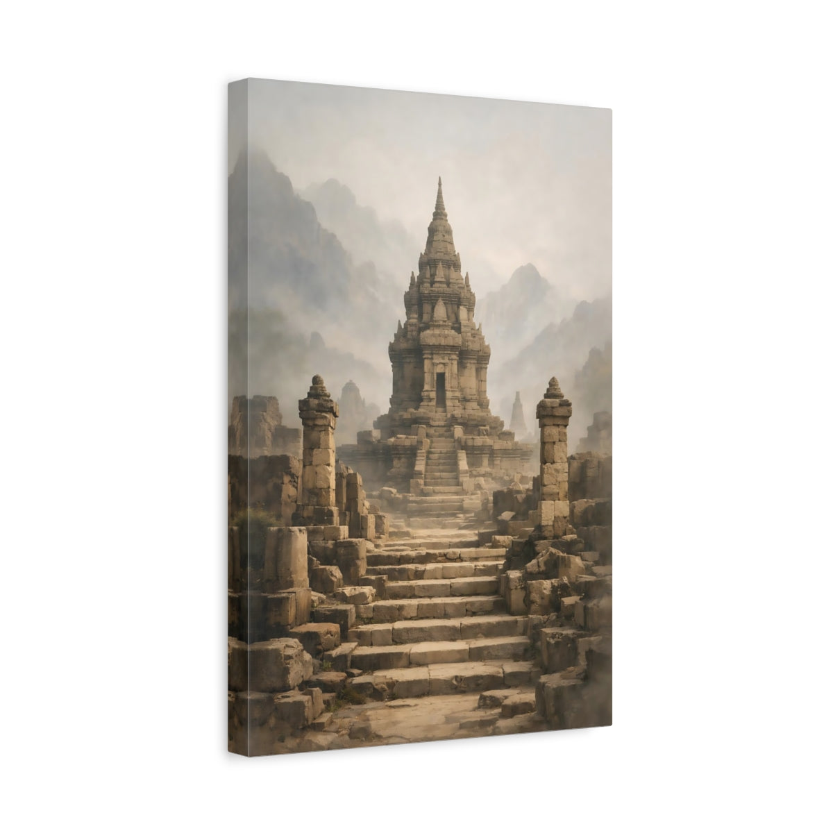 Side Mockup 4. Religious Ancient Temple Misty Stone Temple shown as stretched canvas wall art