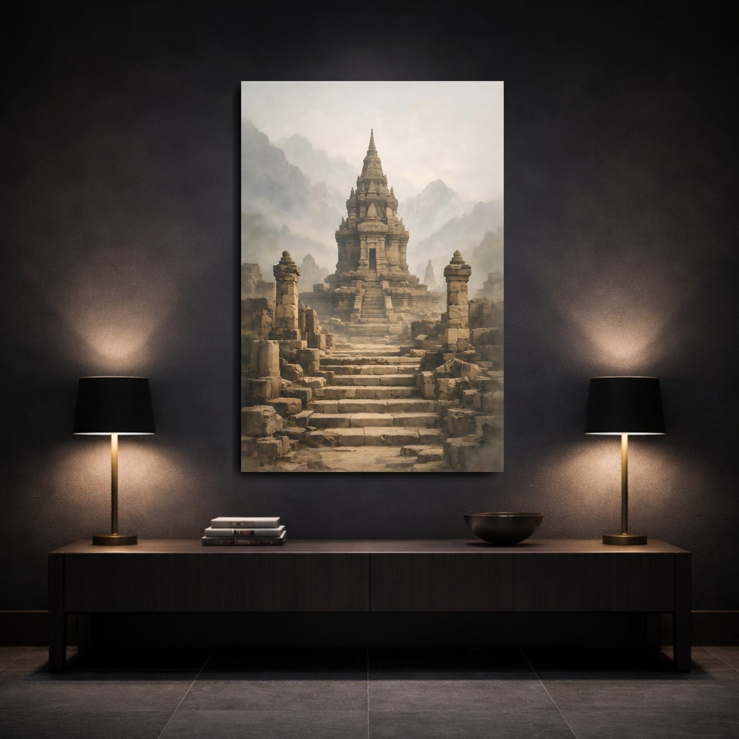 Mockup 2. Religious Ancient Temple Misty Stone Temple shown as stretched canvas wall art