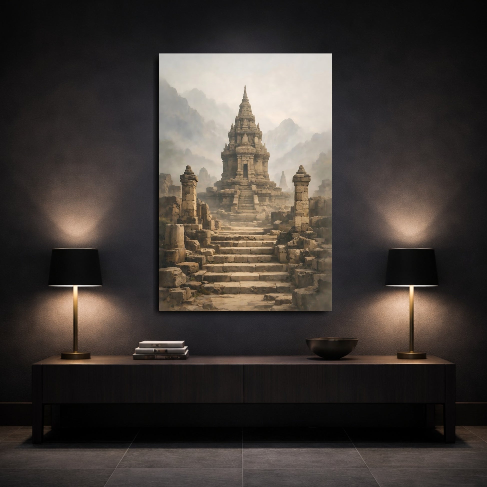 Mockup 2. Religious Ancient Temple Misty Stone Temple shown as stretched canvas wall art