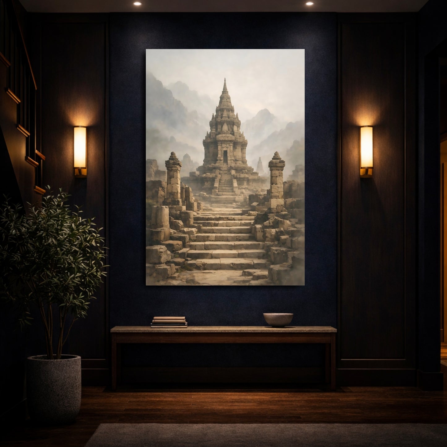 Mockup 3. Religious Ancient Temple Misty Stone Temple shown as stretched canvas wall art