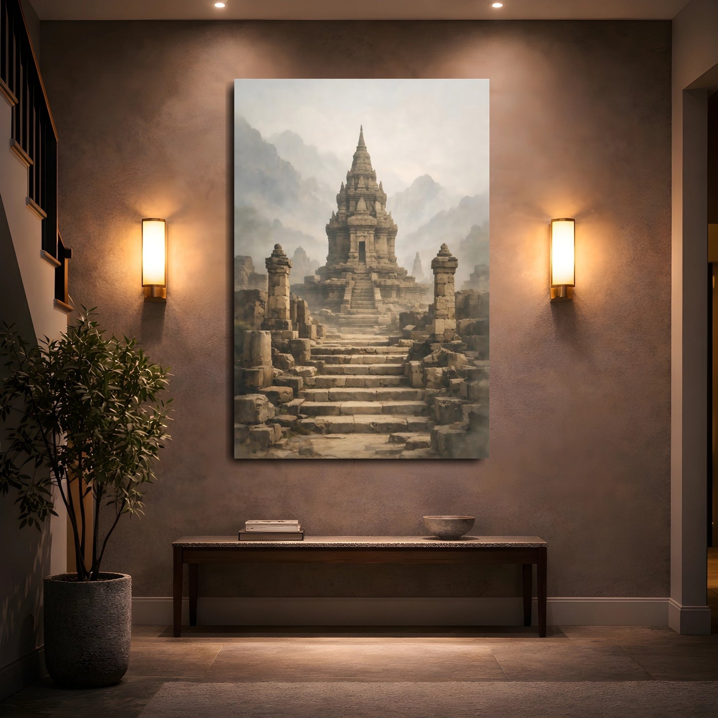 Mockup 4. Religious Ancient Temple Misty Stone Temple shown as stretched canvas wall art