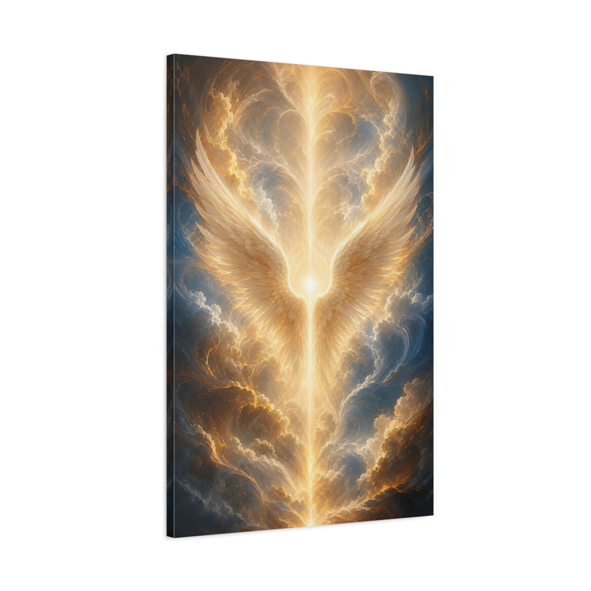 Main Mockup. Religious Angel Wings Golden Glow shown as stretched canvas wall art