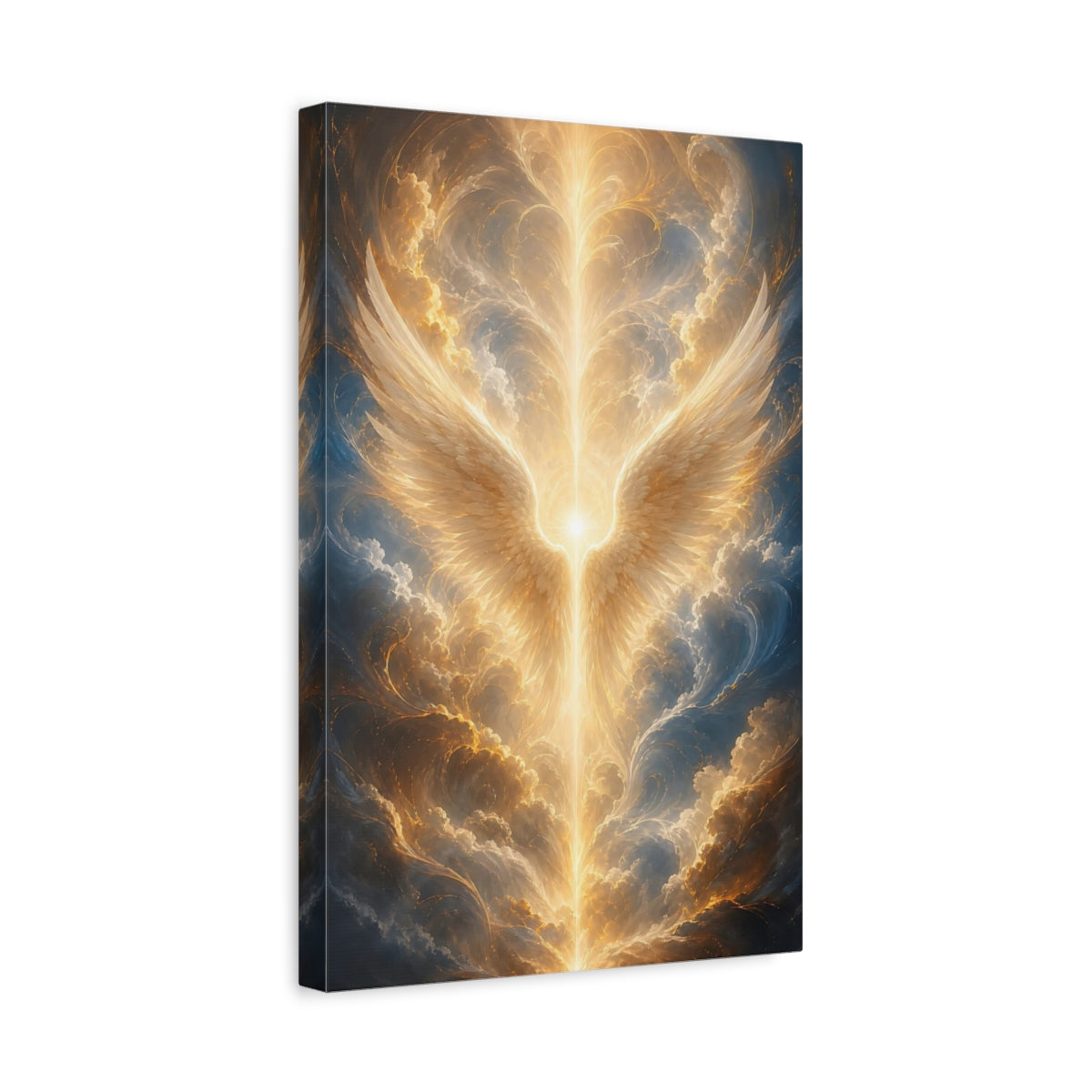 Side Mockup 4. Religious Angel Wings Golden Glow shown as stretched canvas wall art