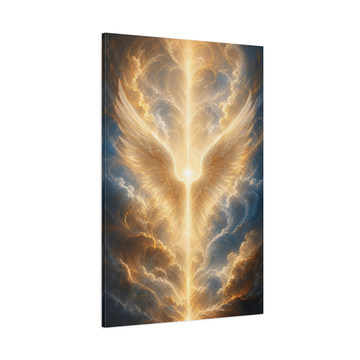 Side Mockup 1. Religious Angel Wings Golden Glow shown as stretched canvas wall art