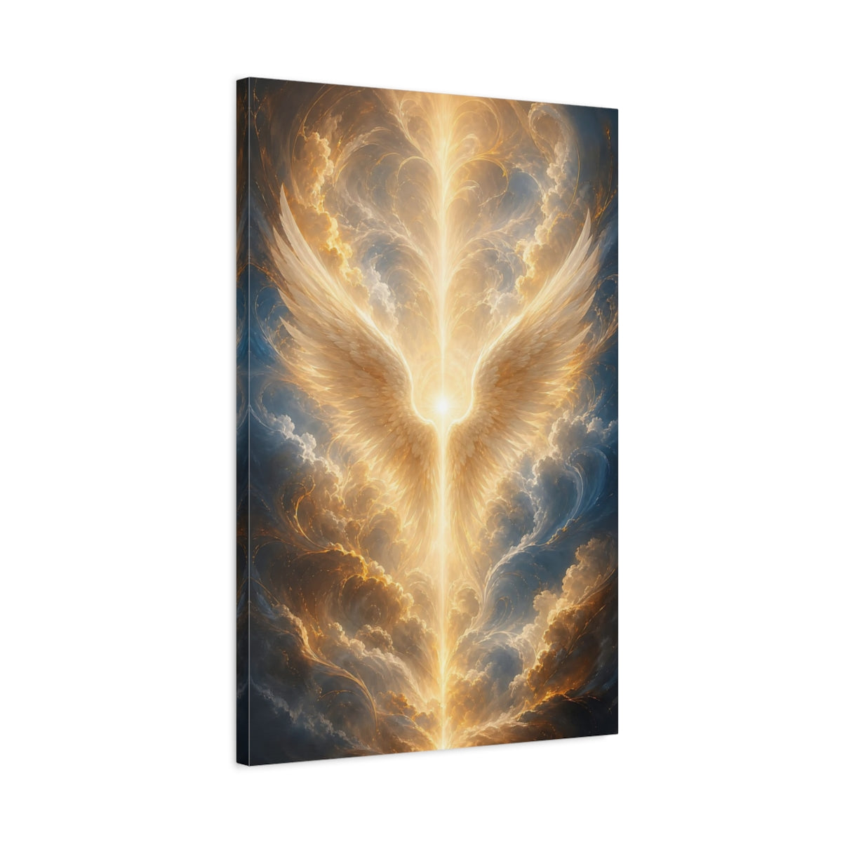 Side Mockup 2. Religious Angel Wings Golden Glow shown as stretched canvas wall art