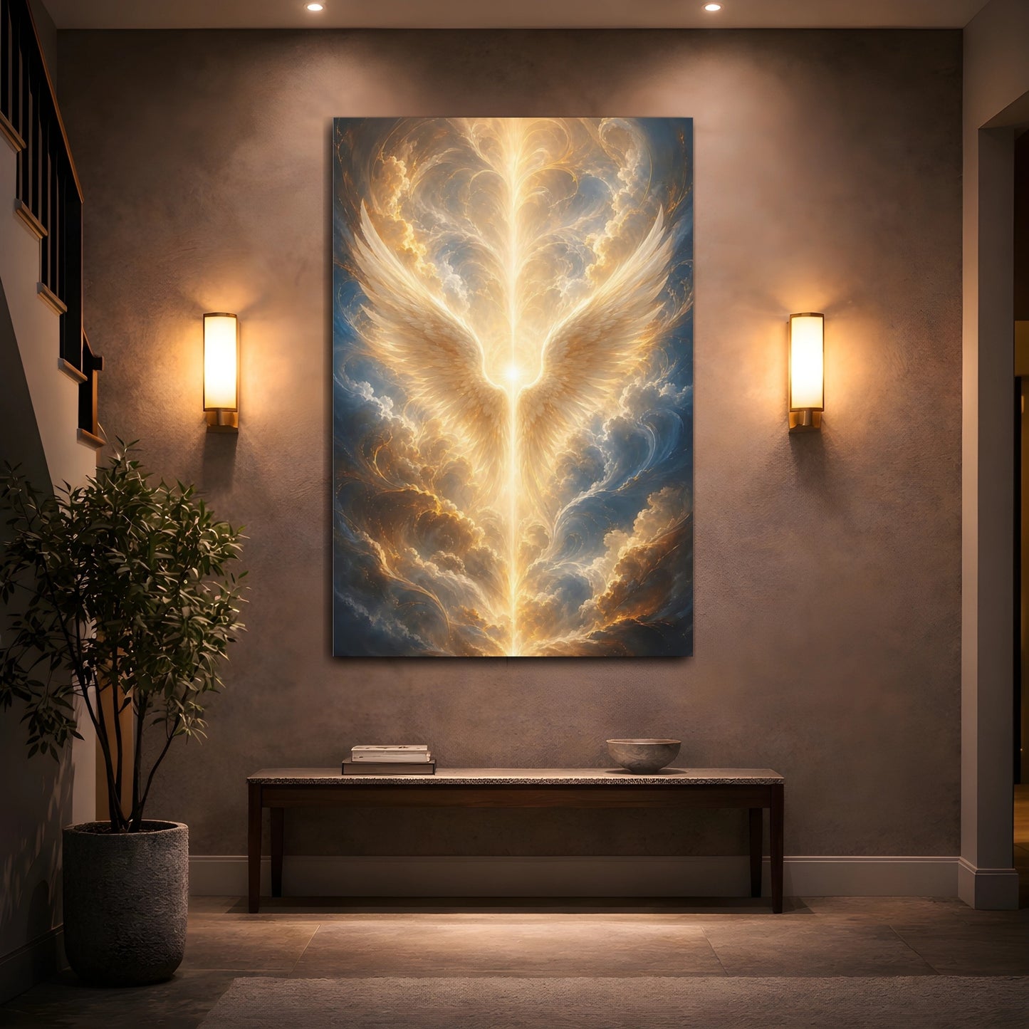 Mockup 2. Religious Angel Wings Golden Glow shown as stretched canvas wall art