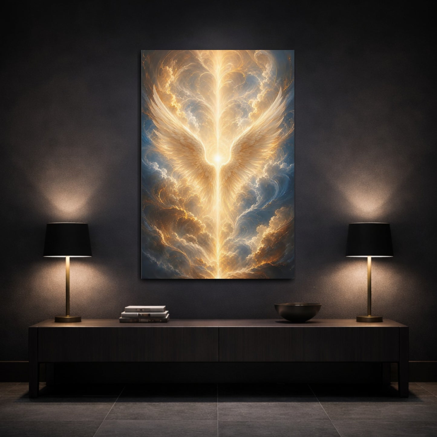 Mockup 3. Religious Angel Wings Golden Glow shown as stretched canvas wall art