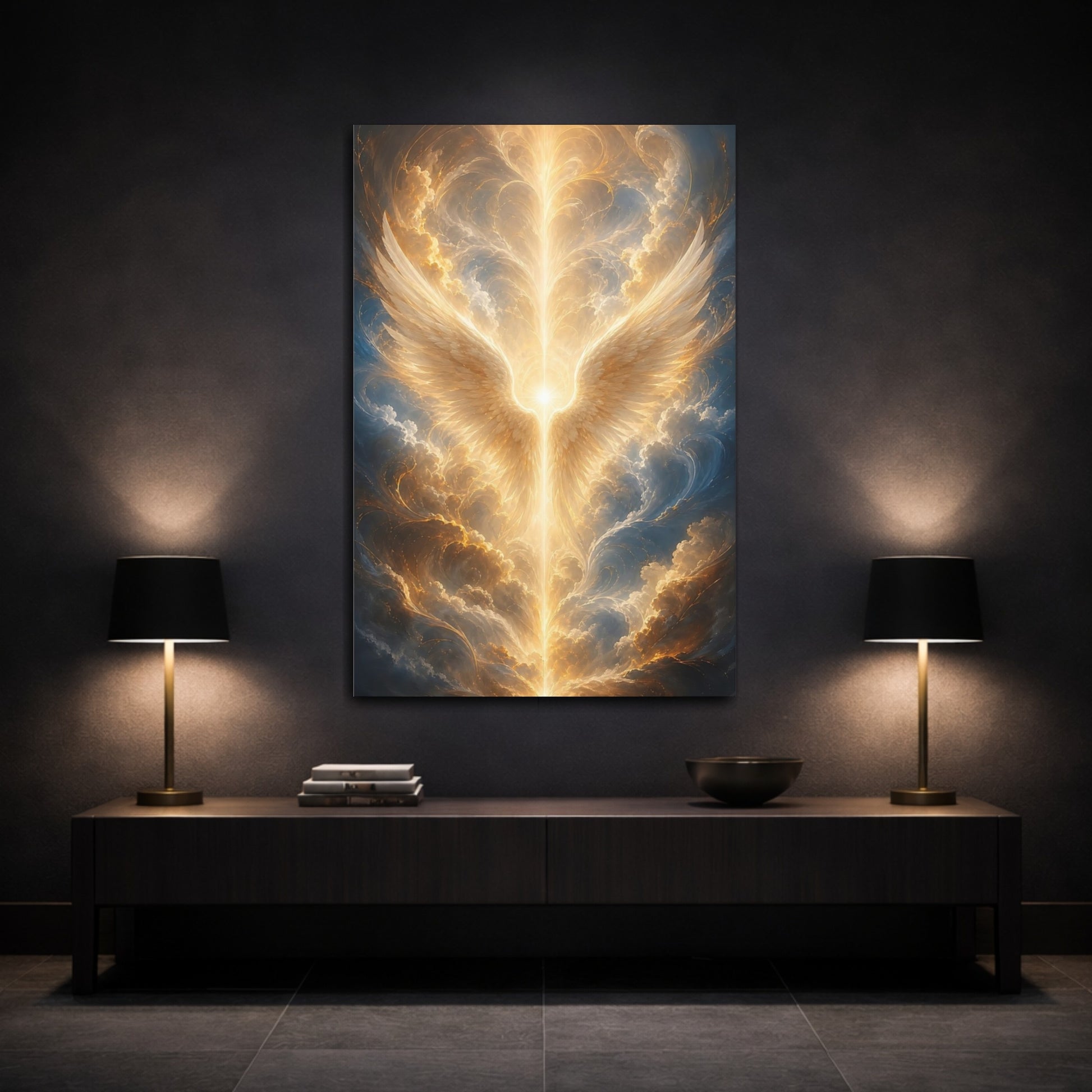 Mockup 3. Religious Angel Wings Golden Glow shown as stretched canvas wall art