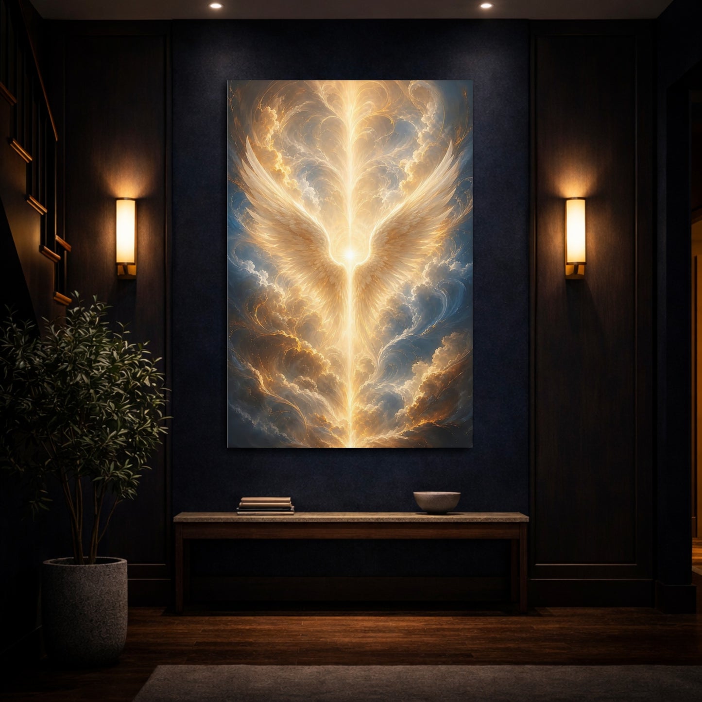Mockup 4. Religious Angel Wings Golden Glow shown as stretched canvas wall art