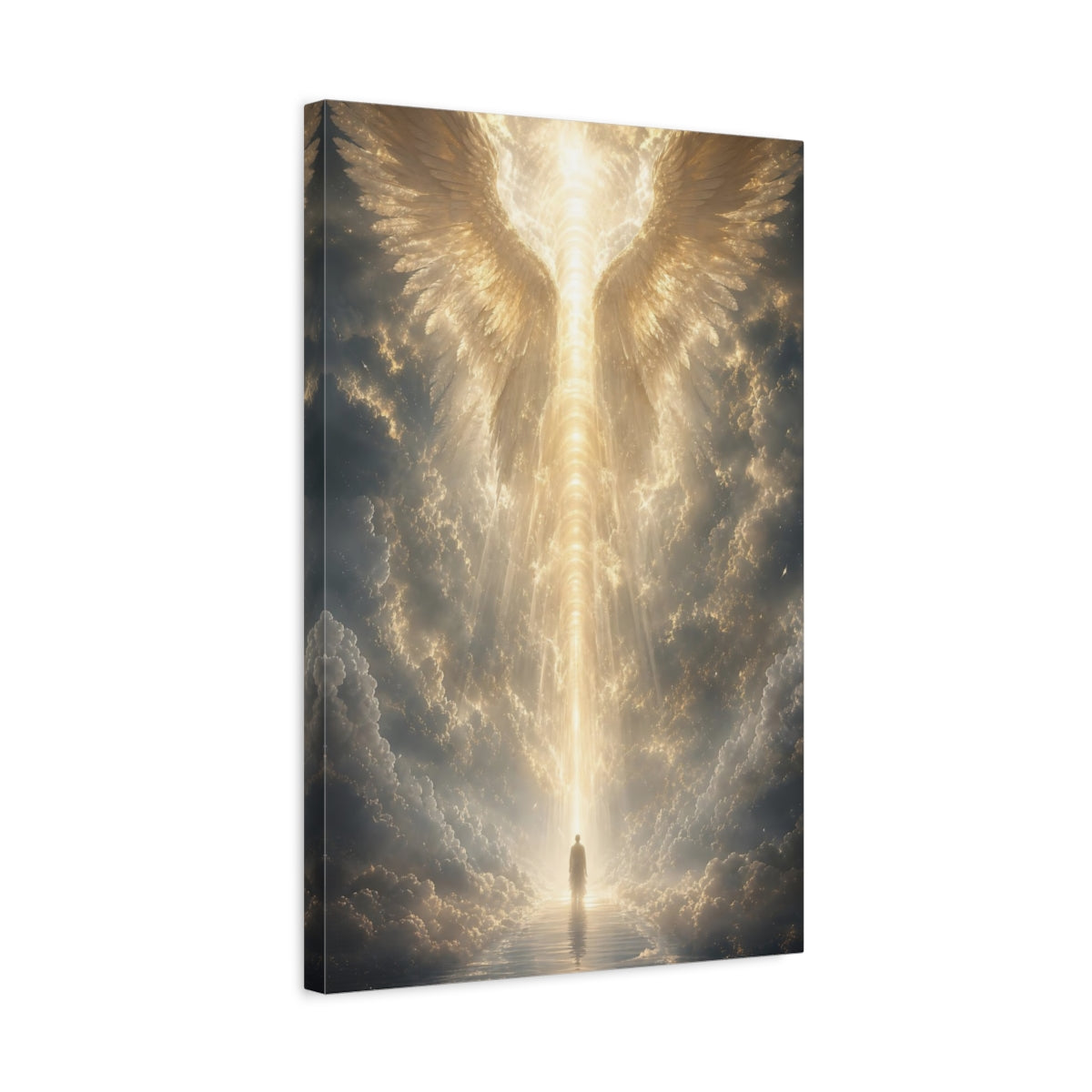 Side Mockup 3. Religious Angel Wings Golden Light shown as stretched canvas wall art