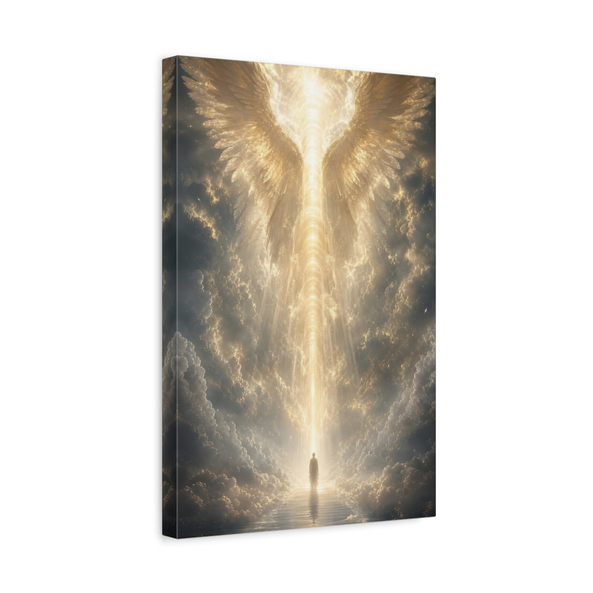 Side Mockup 4. Religious Angel Wings Golden Light shown as stretched canvas wall art
