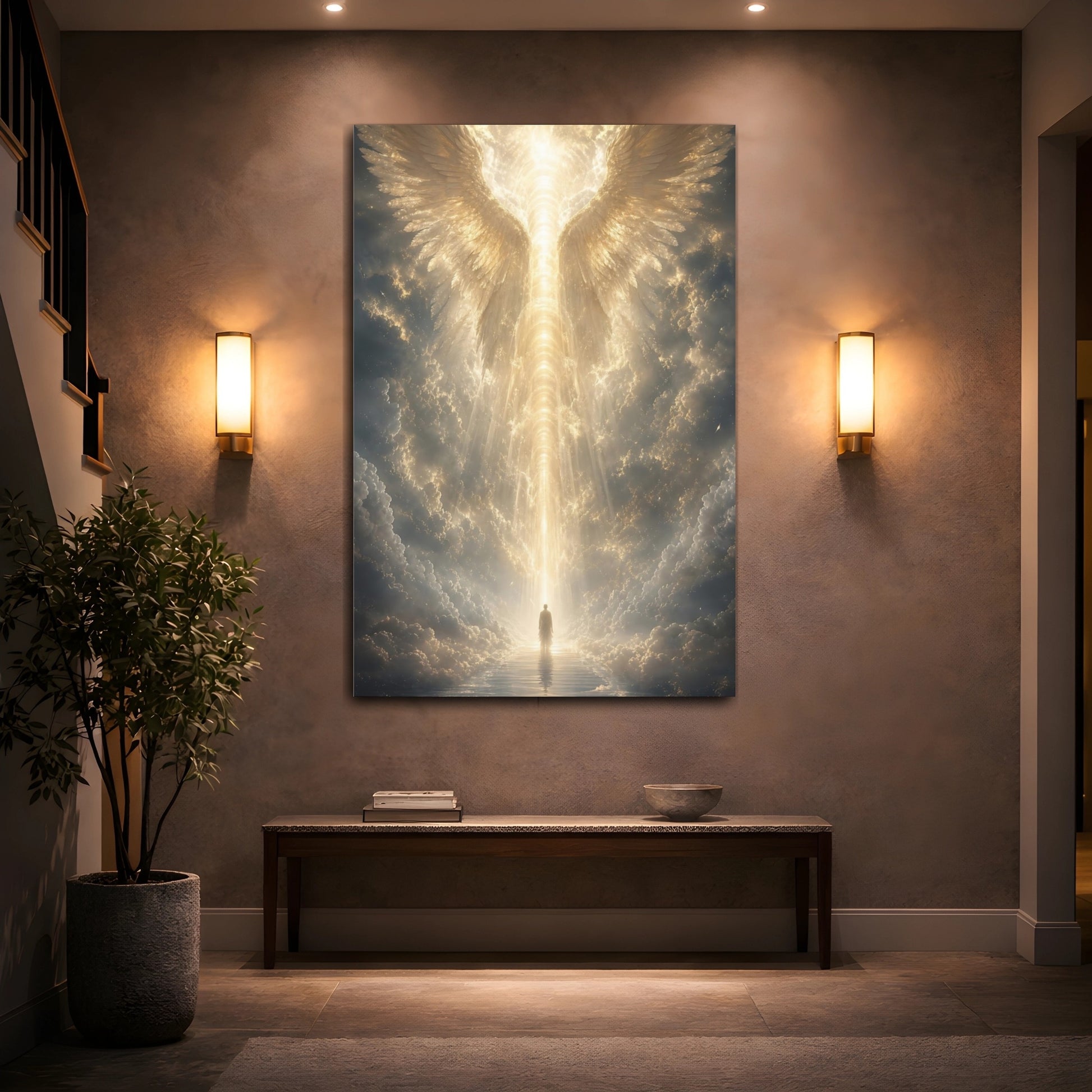 Mockup 2. Religious Angel Wings Golden Light shown as stretched canvas wall art