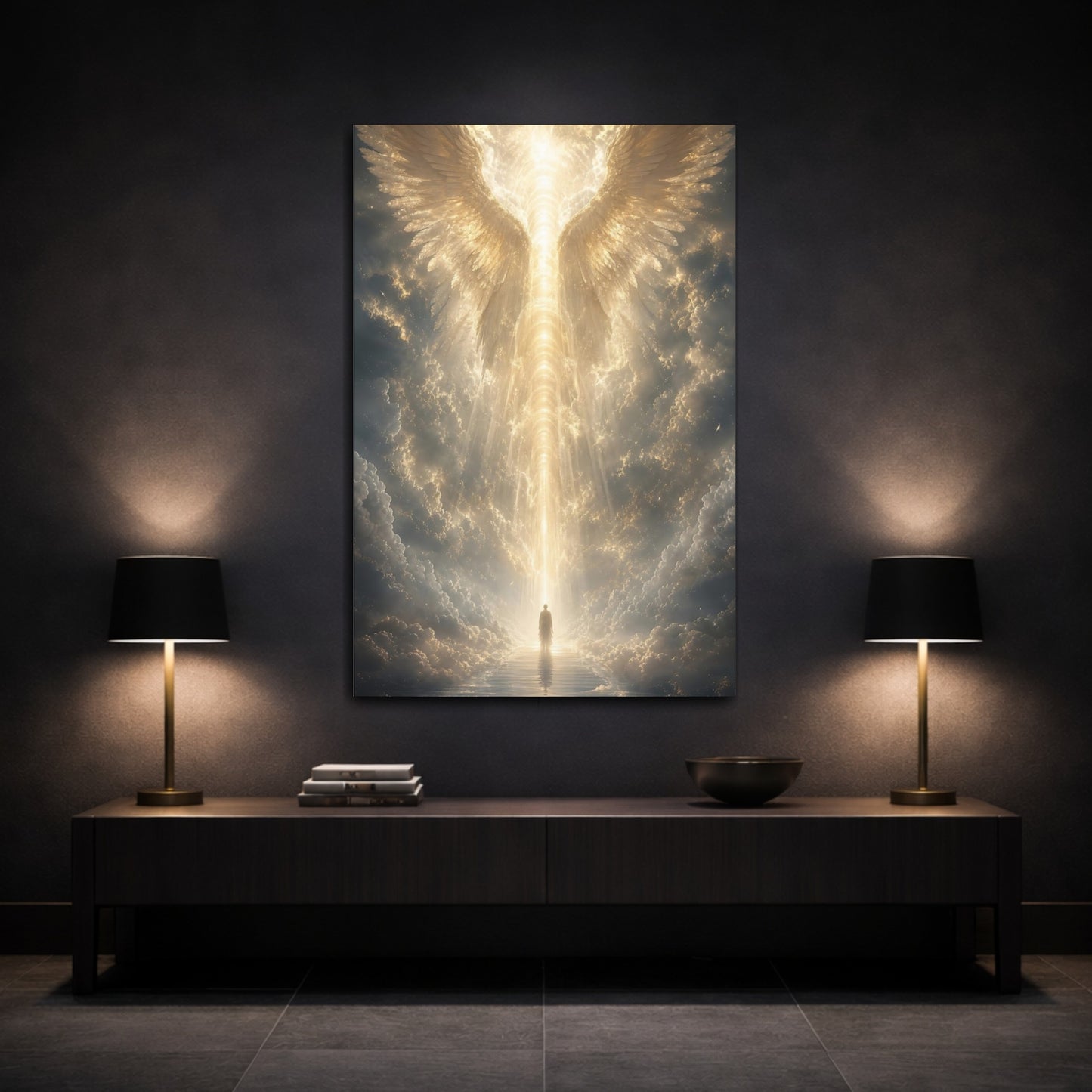 Mockup 3. Religious Angel Wings Golden Light shown as stretched canvas wall art