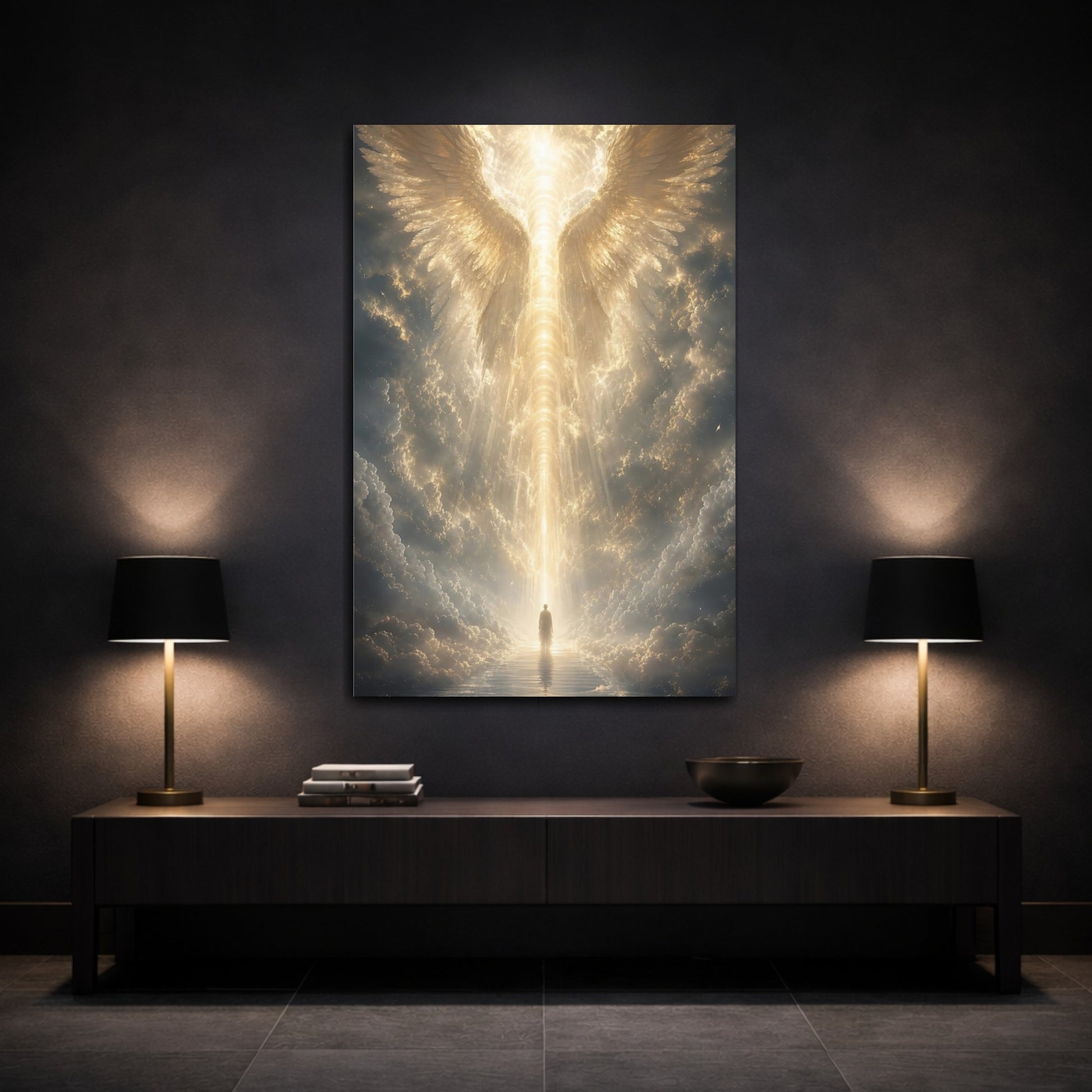 Mockup 3. Religious Angel Wings Golden Light shown as stretched canvas wall art