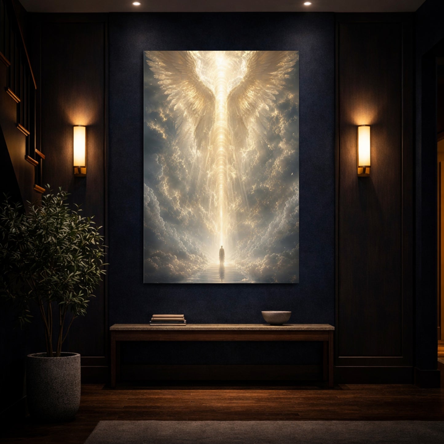 Mockup 4. Religious Angel Wings Golden Light shown as stretched canvas wall art