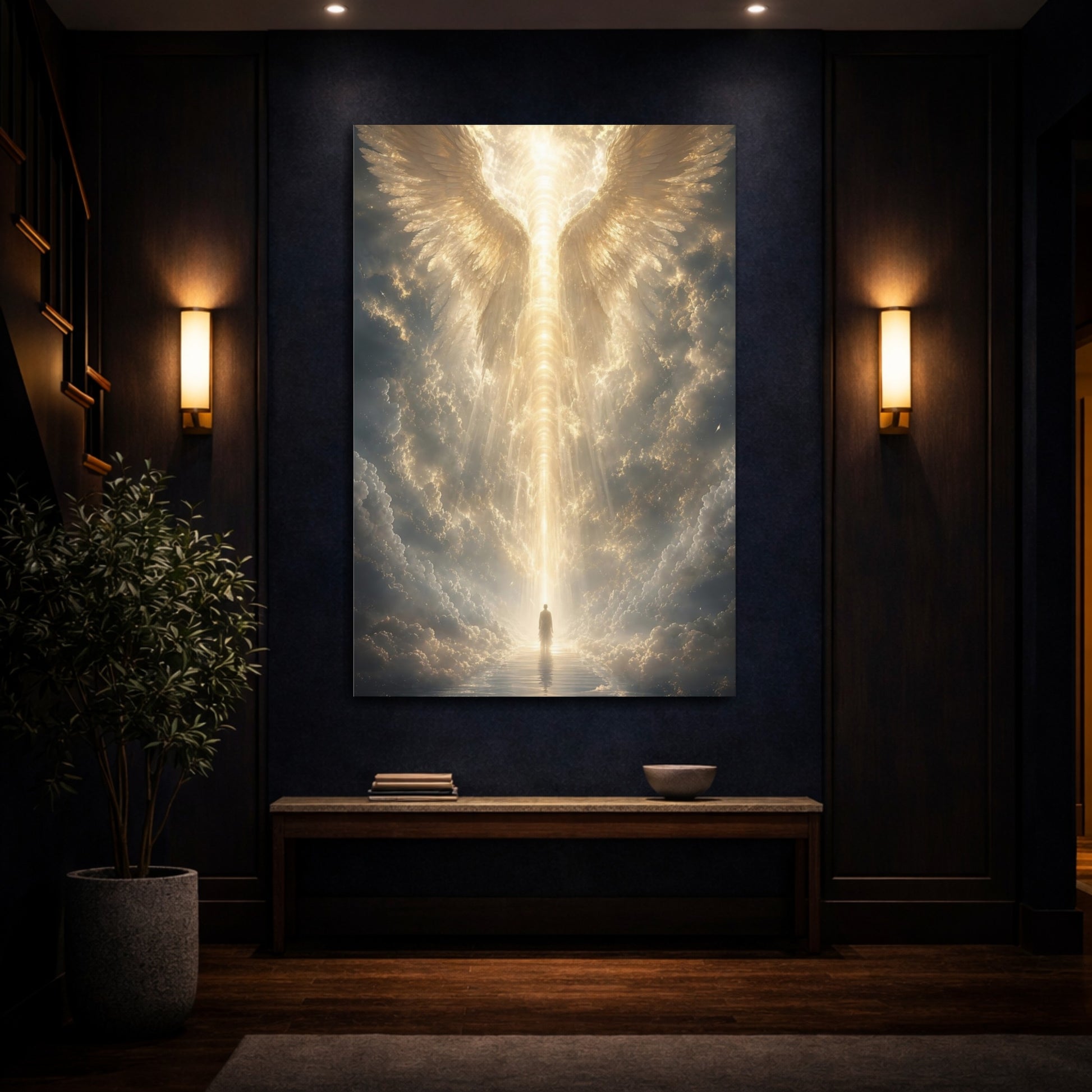 Mockup 4. Religious Angel Wings Golden Light shown as stretched canvas wall art