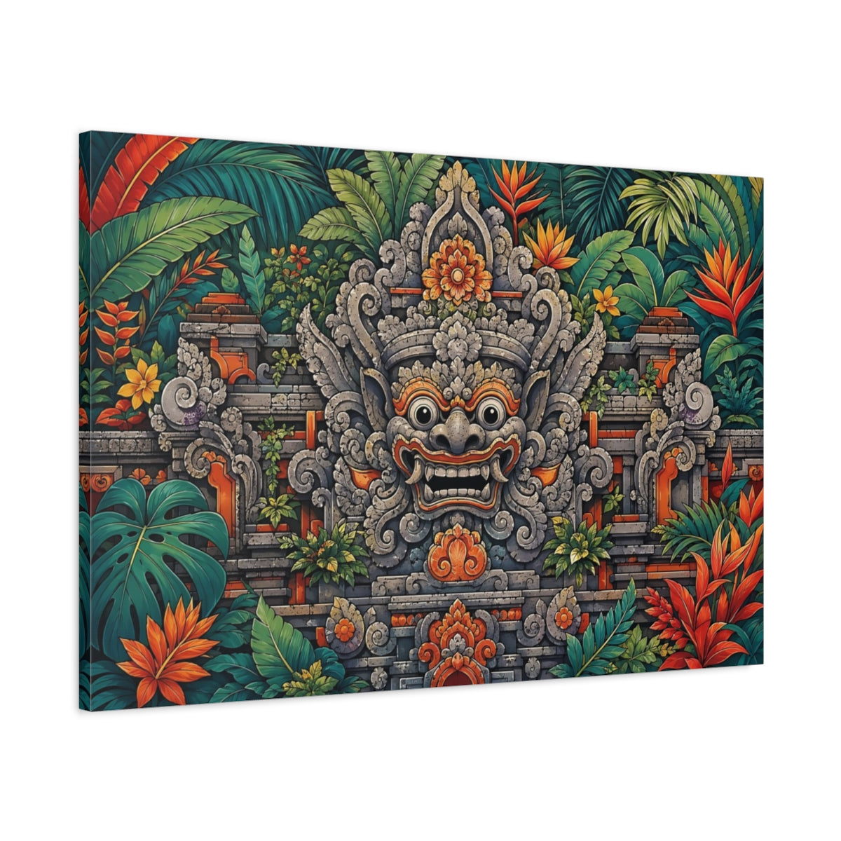 Main Mockup. Religious Balinese Mask Green And Orange shown as stretched canvas wall art