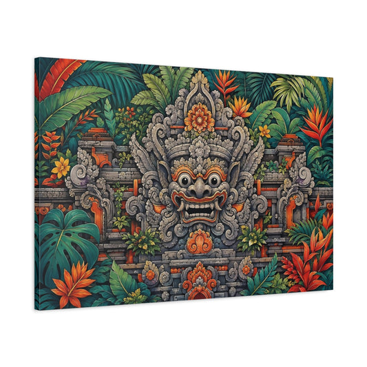 Main Mockup. Religious Balinese Mask Green And Orange shown as stretched canvas wall art