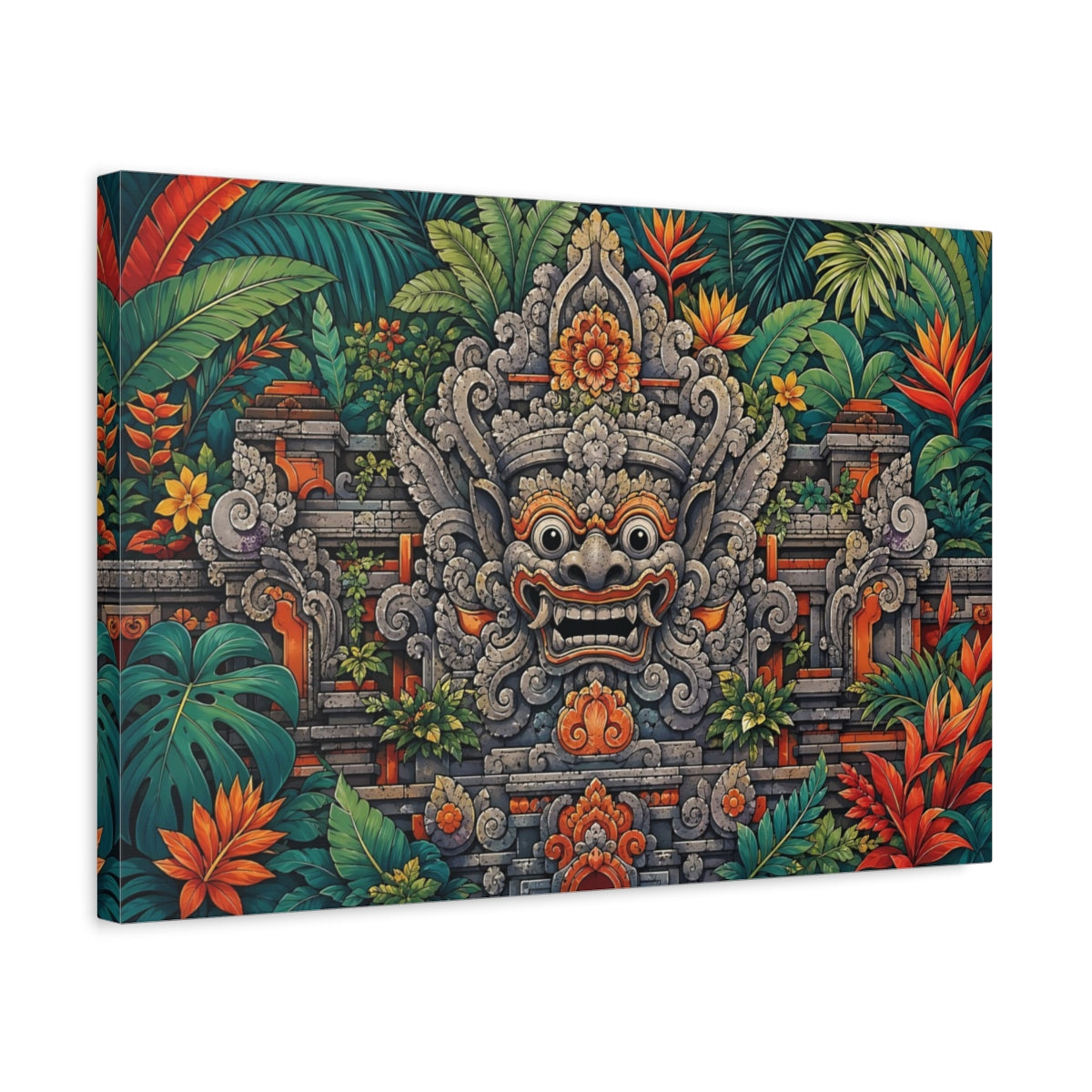 Side Mockup 3. Religious Balinese Mask Green And Orange shown as stretched canvas wall art