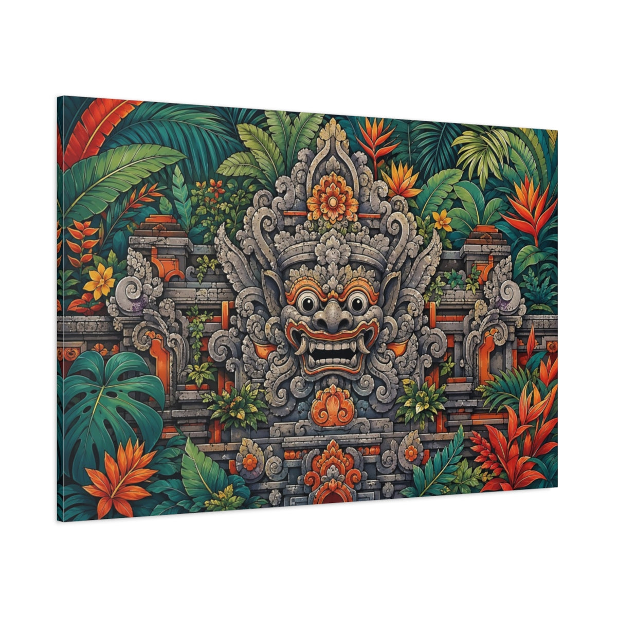 Side Mockup 1. Religious Balinese Mask Green And Orange shown as stretched canvas wall art