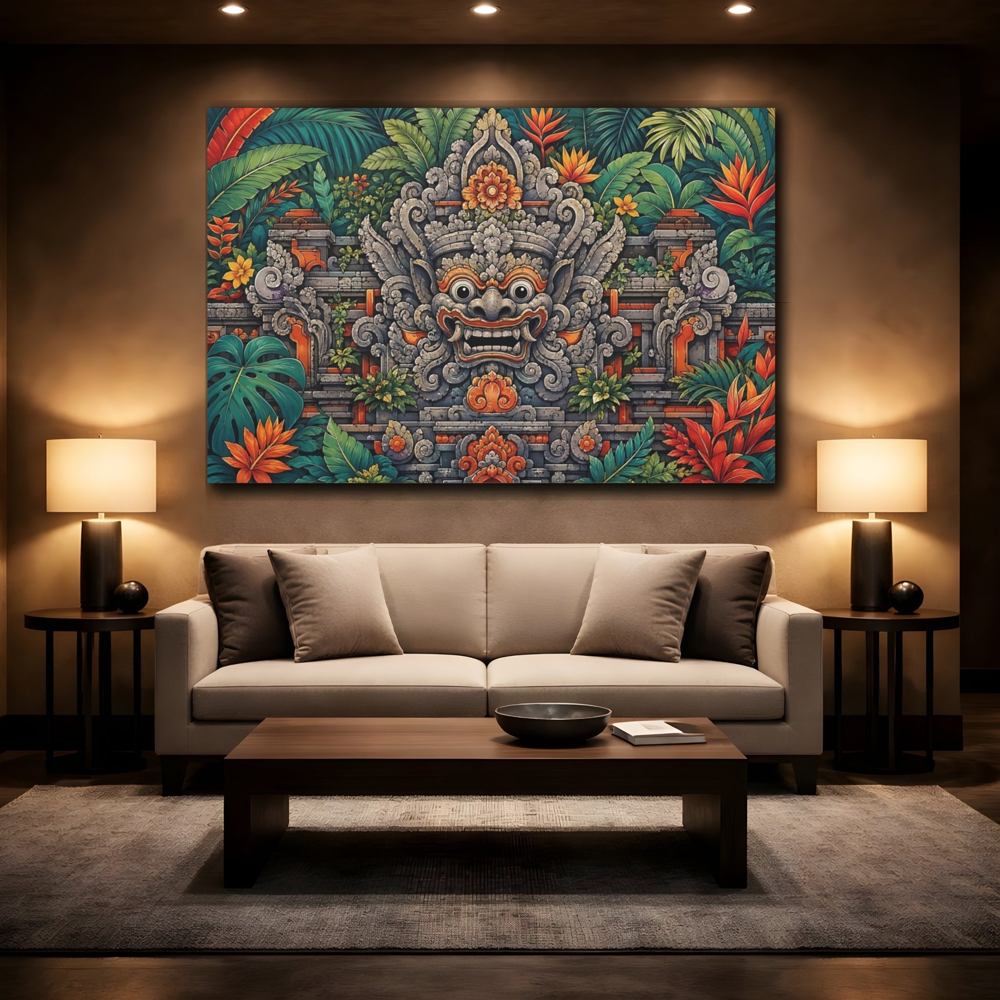 Mockup 2. Religious Balinese Mask Green And Orange shown as stretched canvas wall art