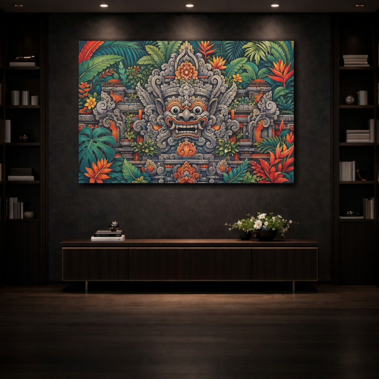 Mockup 3. Religious Balinese Mask Green And Orange shown as stretched canvas wall art