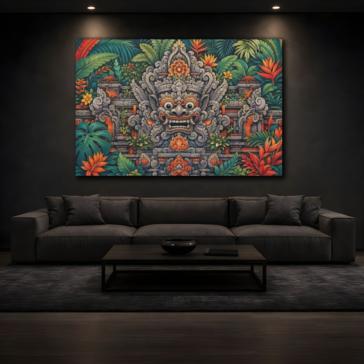 Mockup 4. Religious Balinese Mask Green And Orange shown as stretched canvas wall art