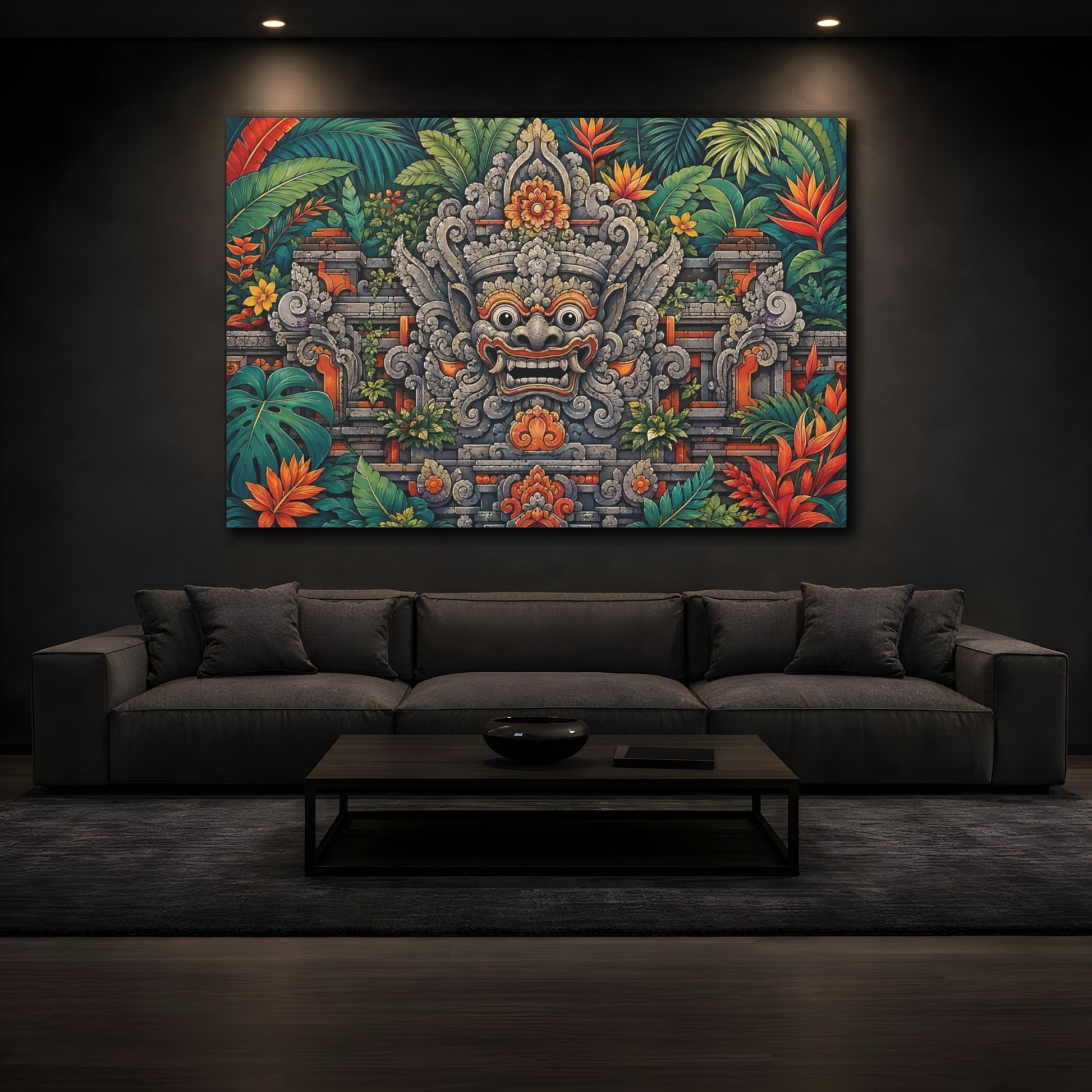 Mockup 4. Religious Balinese Mask Green And Orange shown as stretched canvas wall art
