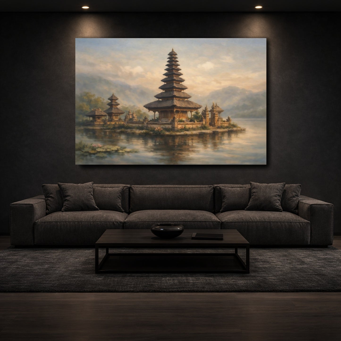 Mockup 2. Religious Balinese Temple Balinese Temple Lake shown as stretched canvas wall art