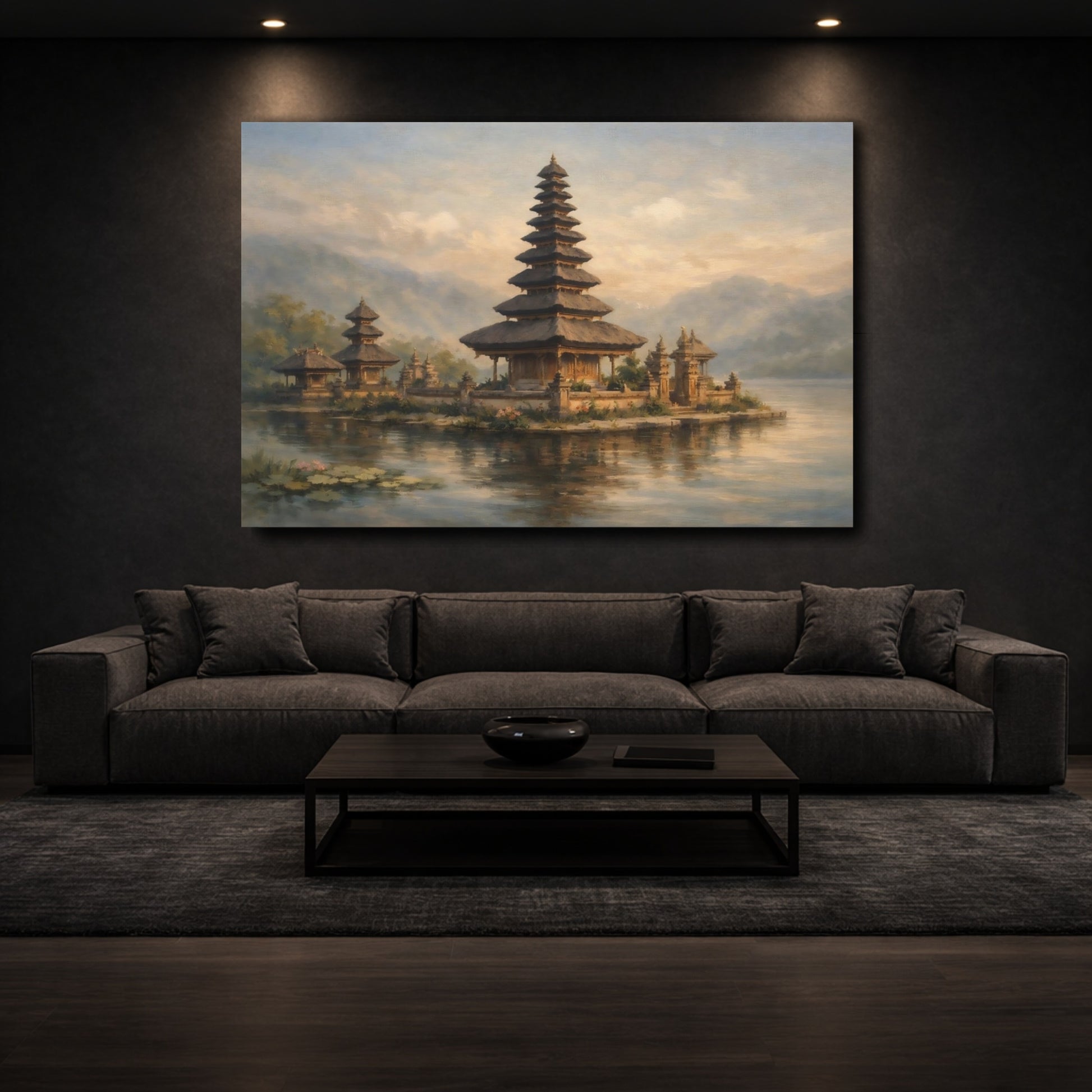 Mockup 2. Religious Balinese Temple Balinese Temple Lake shown as stretched canvas wall art