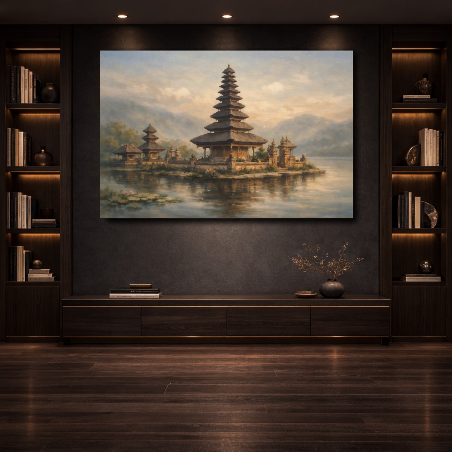 Mockup 3. Religious Balinese Temple Balinese Temple Lake shown as stretched canvas wall art