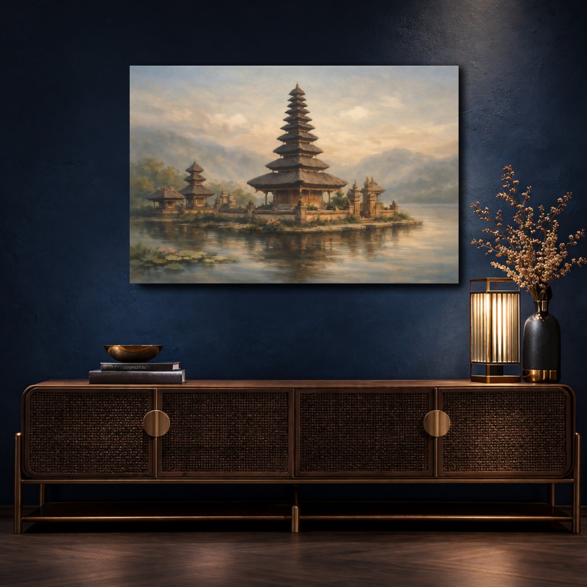 Mockup 4. Religious Balinese Temple Balinese Temple Lake shown as stretched canvas wall art