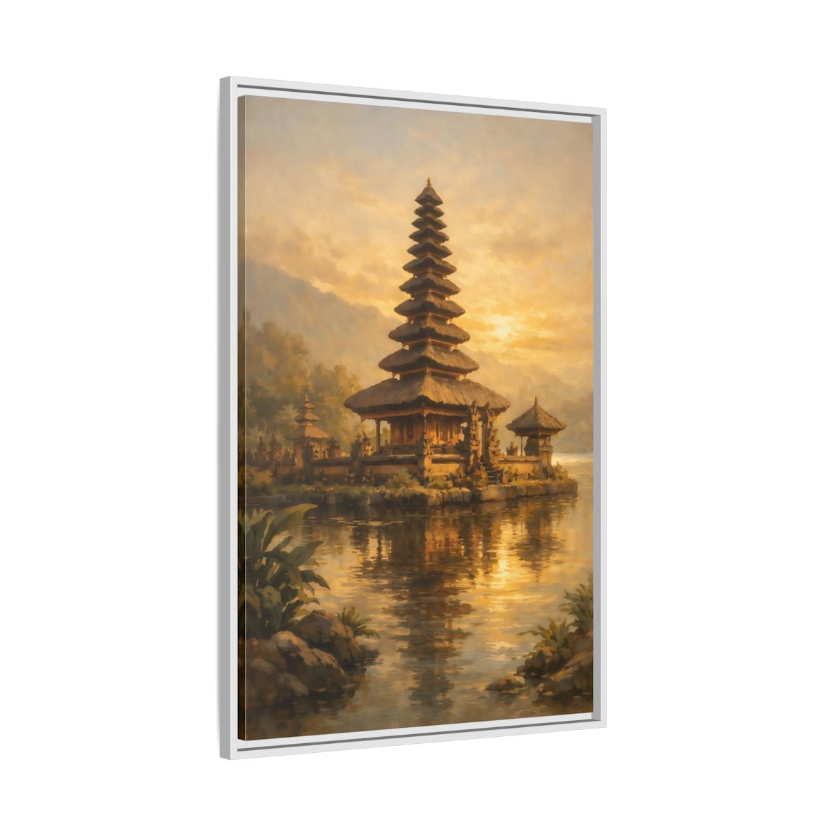Side Mockup 9. Religious Balinese Temple Golden Temple shown as stretched canvas wall art