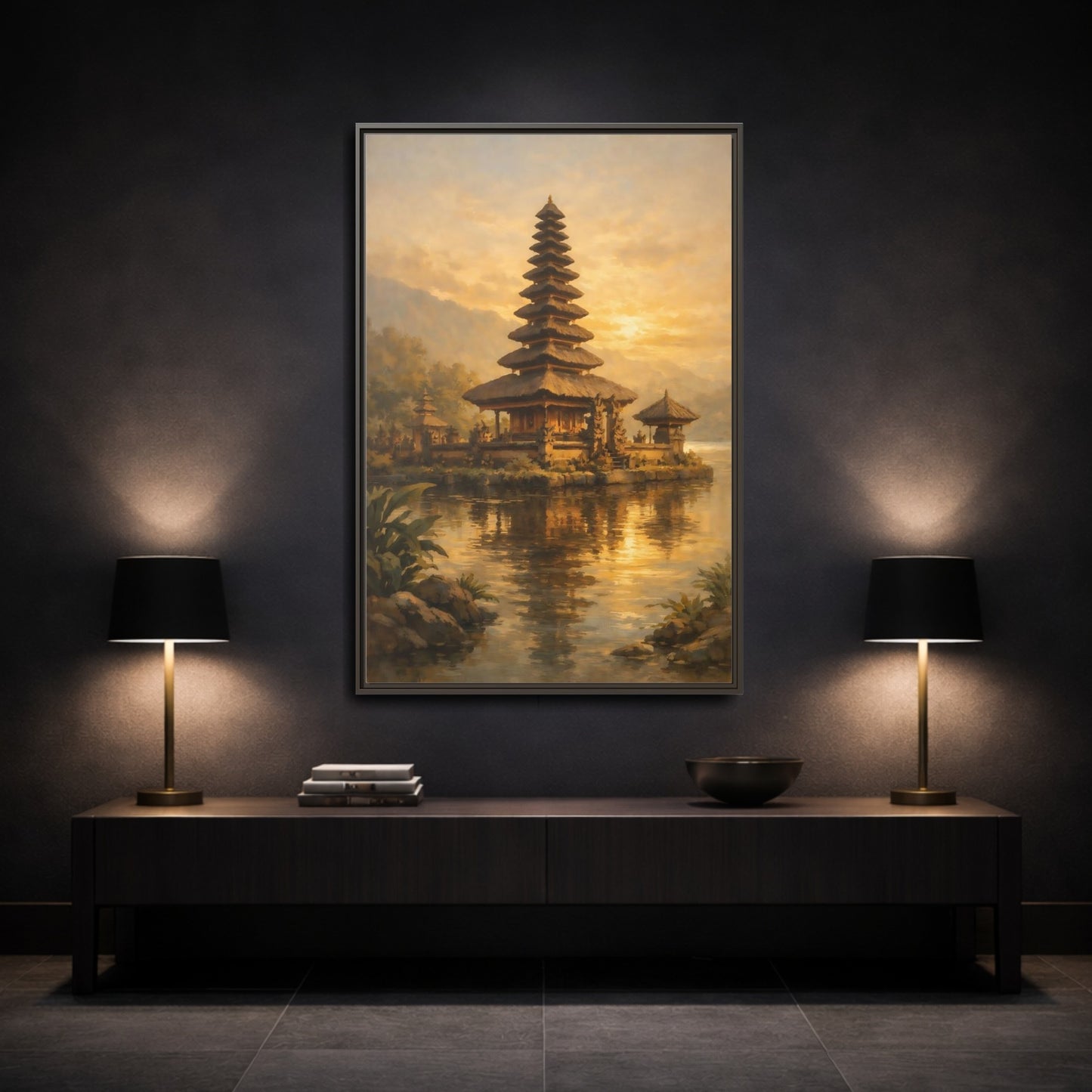Mockup 2. Religious Balinese Temple Golden Temple shown as stretched canvas wall art