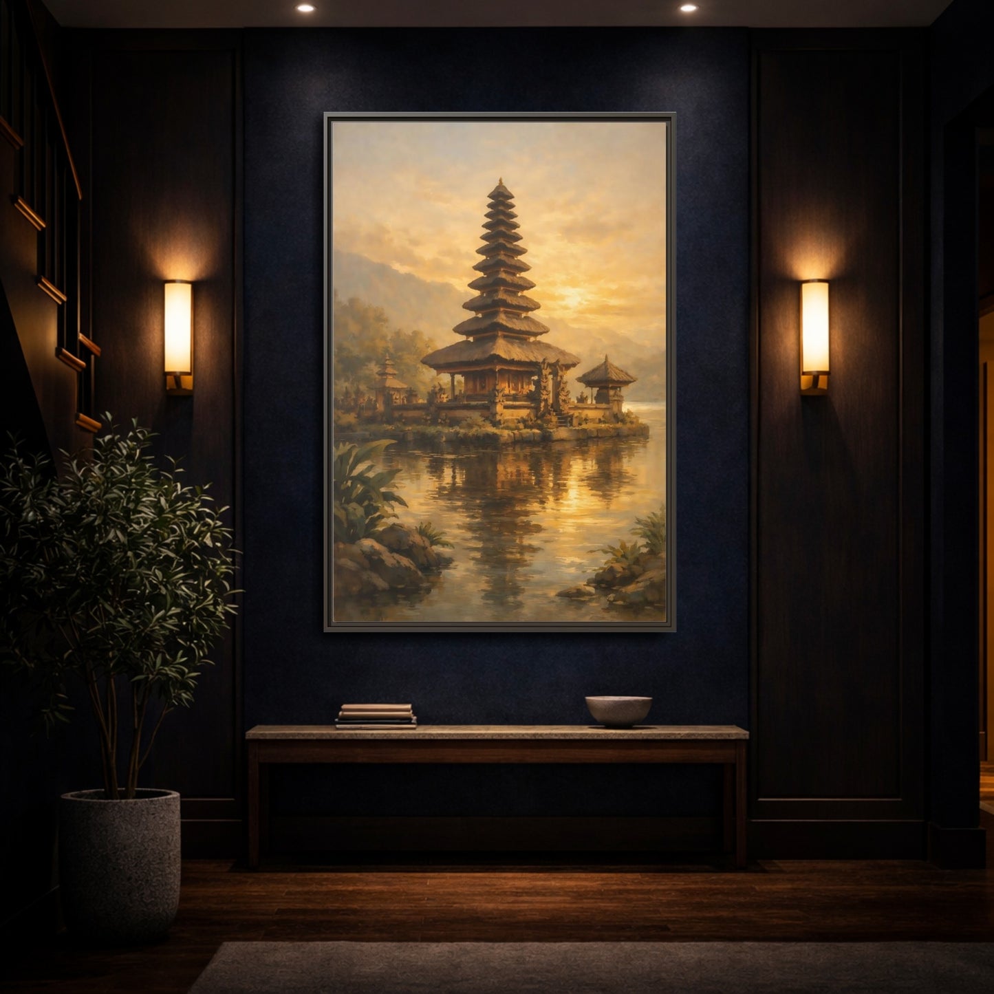 Mockup 3. Religious Balinese Temple Golden Temple shown as stretched canvas wall art