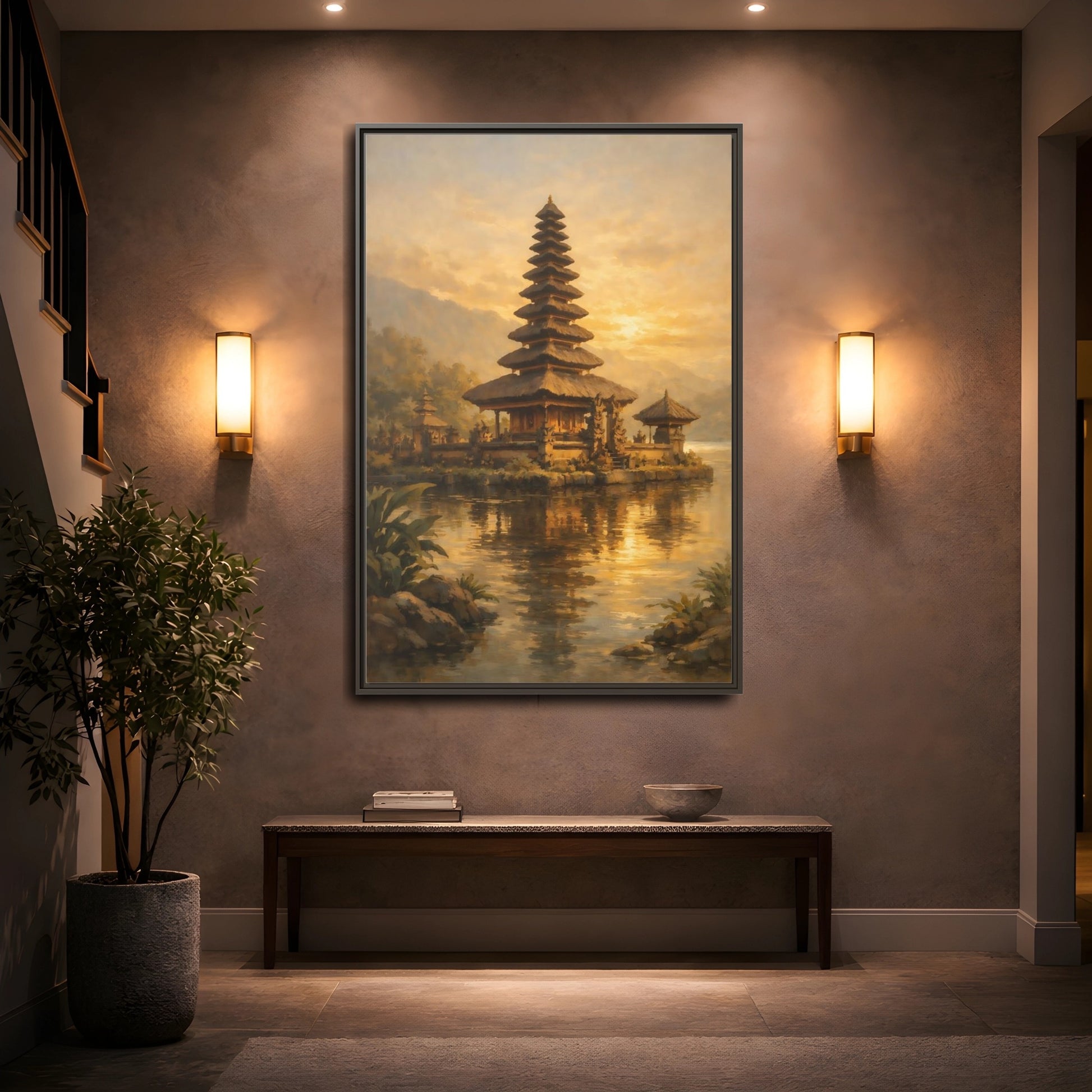 Mockup 4. Religious Balinese Temple Golden Temple shown as stretched canvas wall art