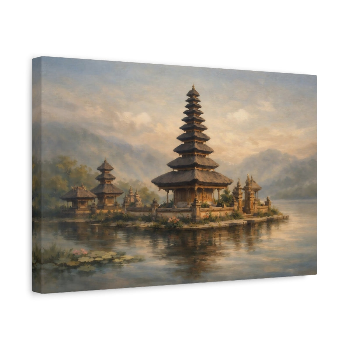 Side Mockup 4. Religious Balinese Temple Balinese Temple Lake shown as stretched canvas wall art