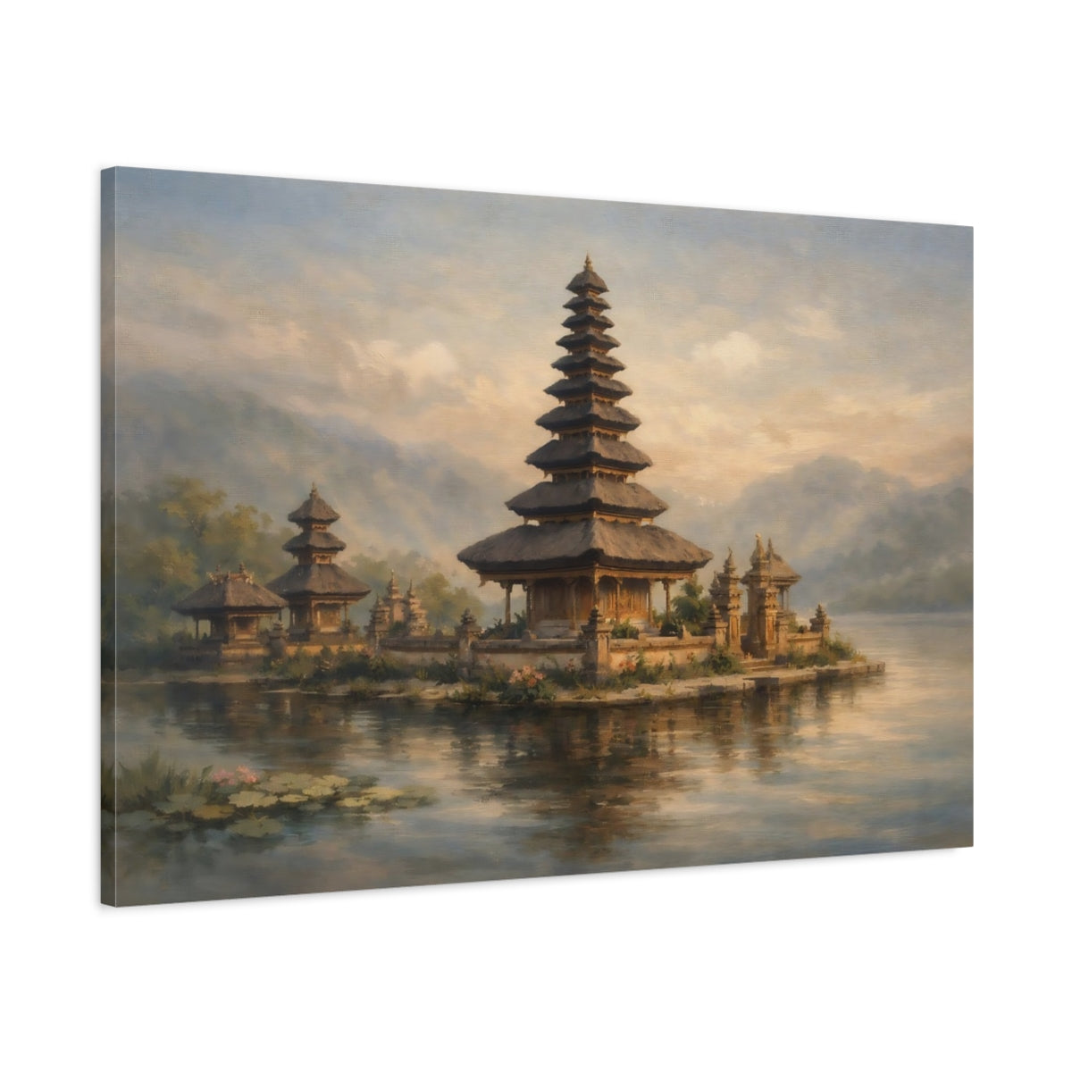 Side Mockup 1. Religious Balinese Temple Balinese Temple Lake shown as stretched canvas wall art