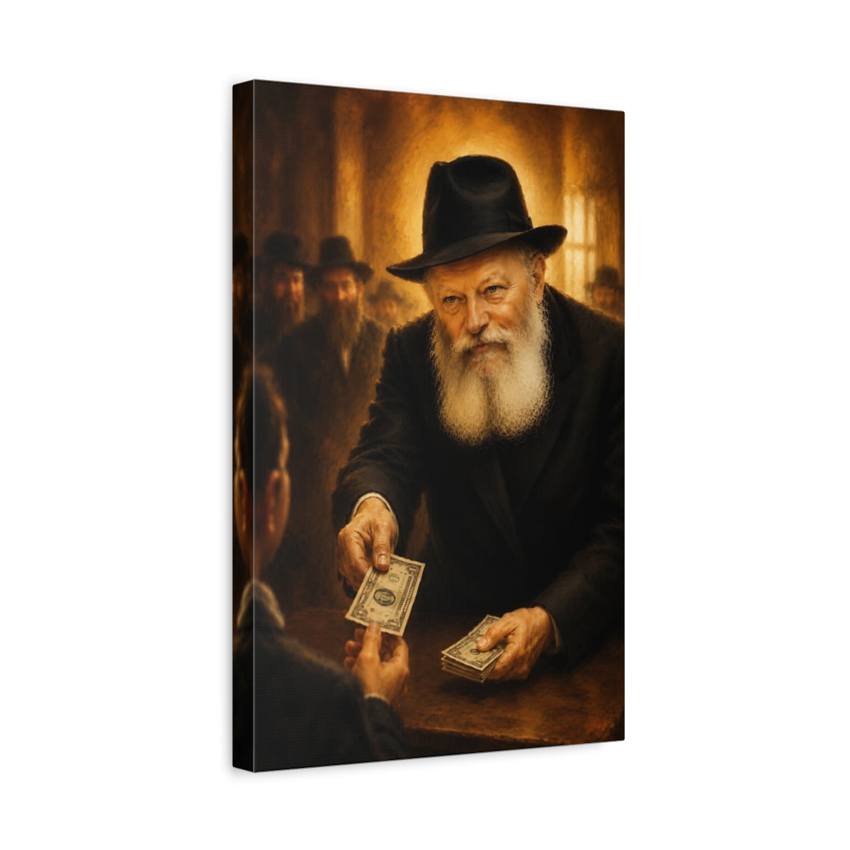 Side Mockup 4. Religious Bearded Man Golden Brown Portrait shown as canvas print
