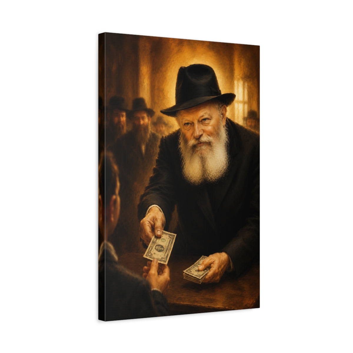 Side Mockup 3. Religious Bearded Man Golden Brown Portrait shown as canvas print