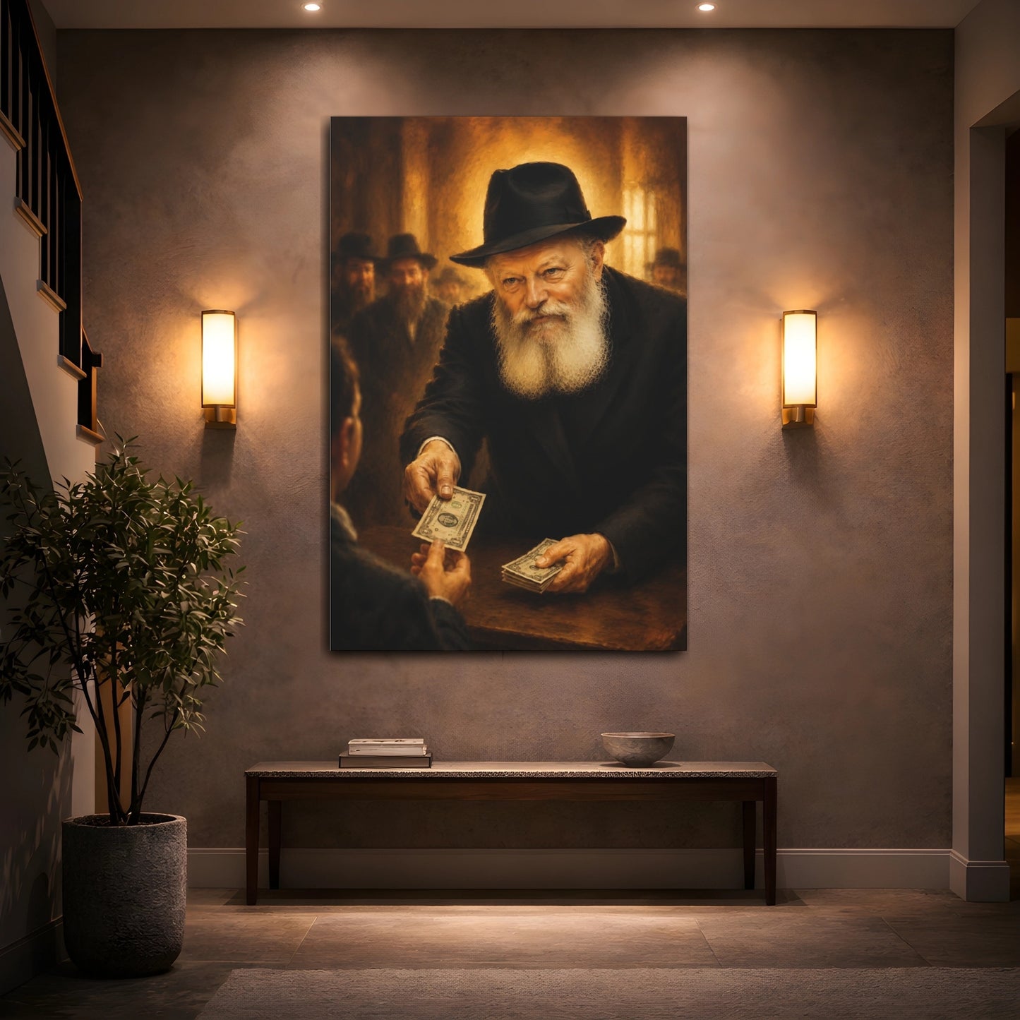 Mockup 2. Religious Bearded Man Golden Brown Portrait shown as canvas print