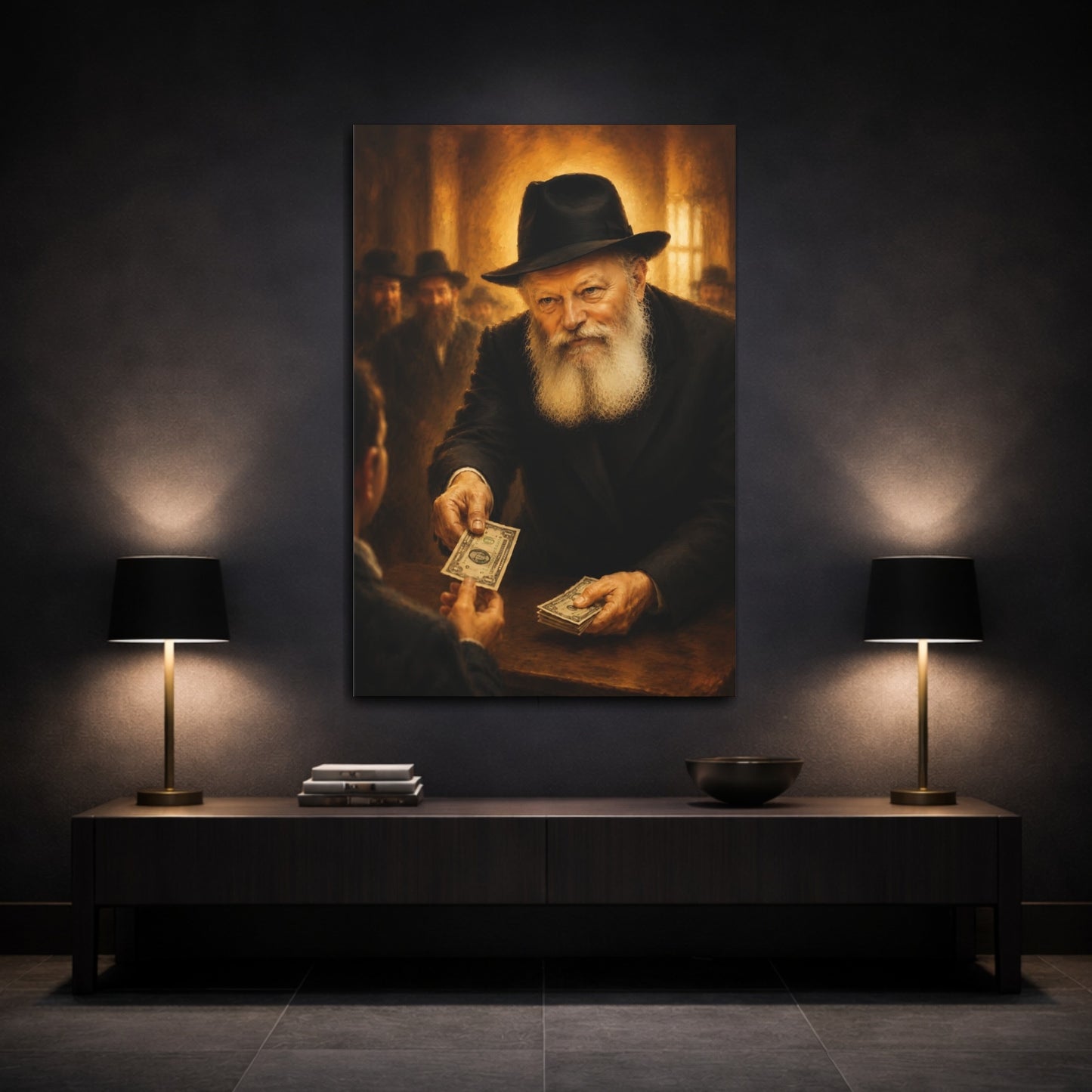 Mockup 3. Religious Bearded Man Golden Brown Portrait shown as canvas print