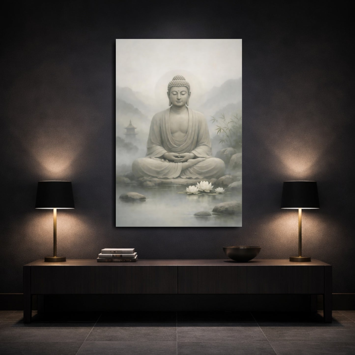 Mockup 2. Religious Buddha Grey Buddha shown as stretched canvas wall art