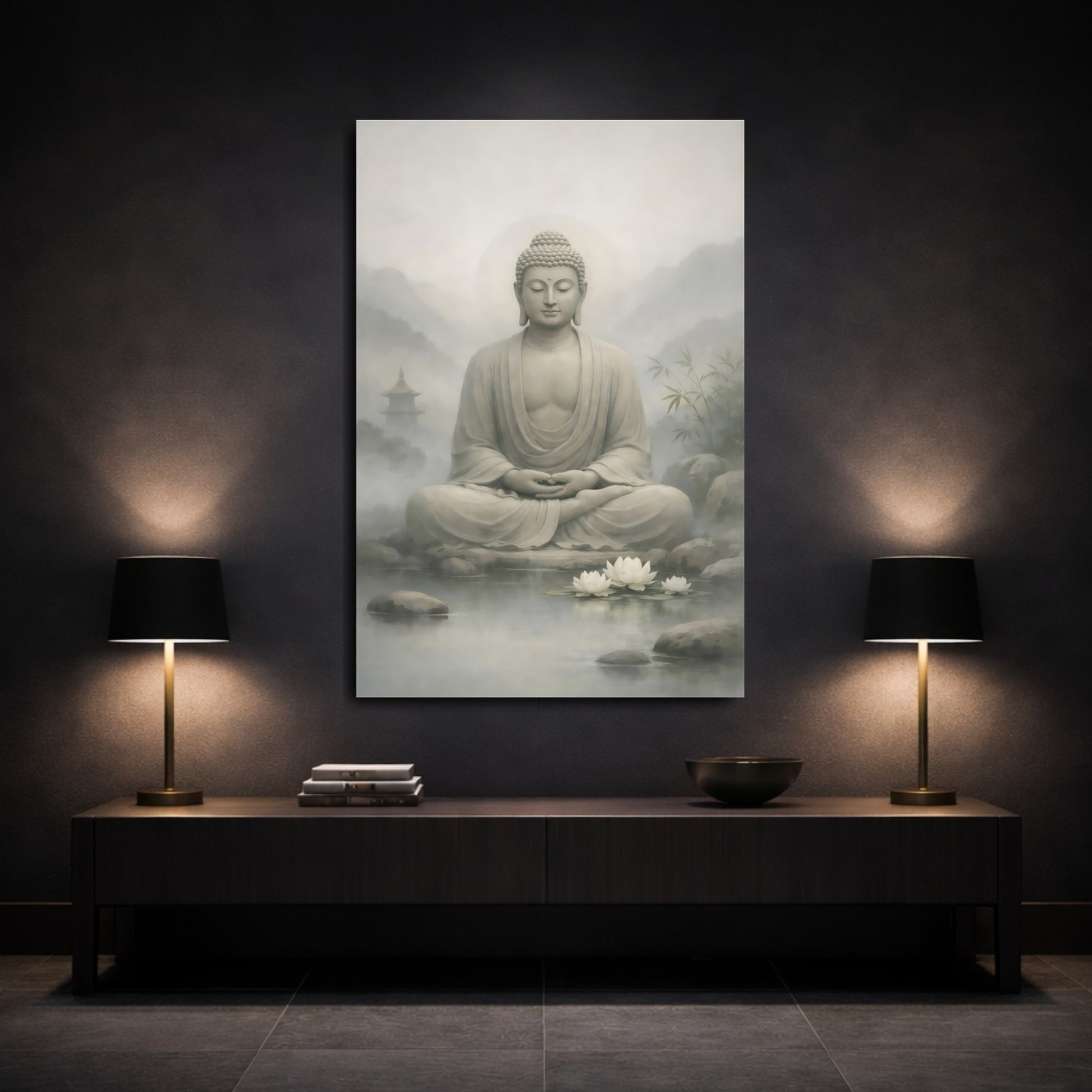 Mockup 2. Religious Buddha Grey Buddha shown as stretched canvas wall art