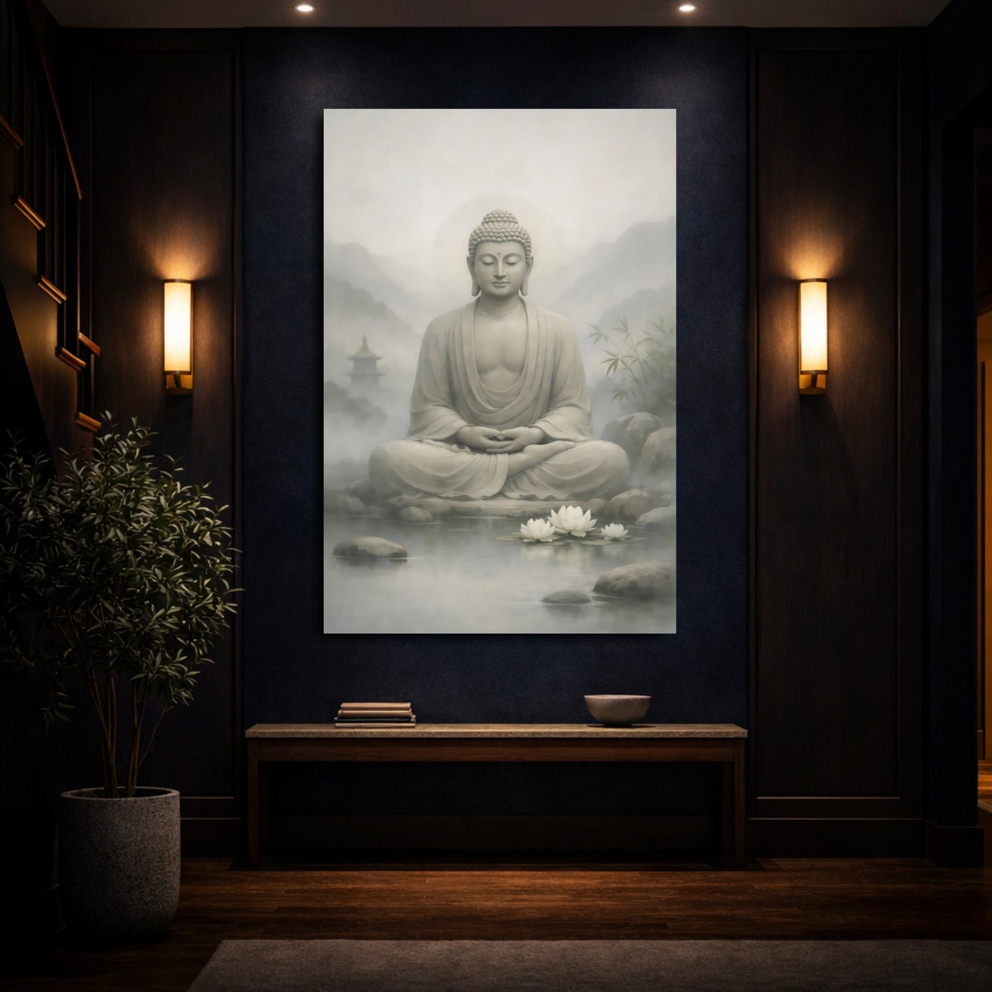 Mockup 3. Religious Buddha Grey Buddha shown as stretched canvas wall art
