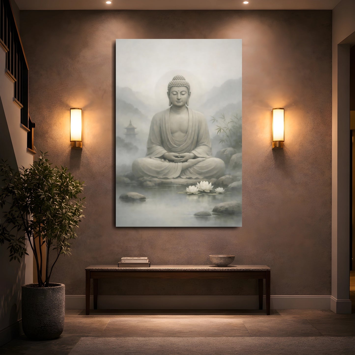 Mockup 4. Religious Buddha Grey Buddha shown as stretched canvas wall art
