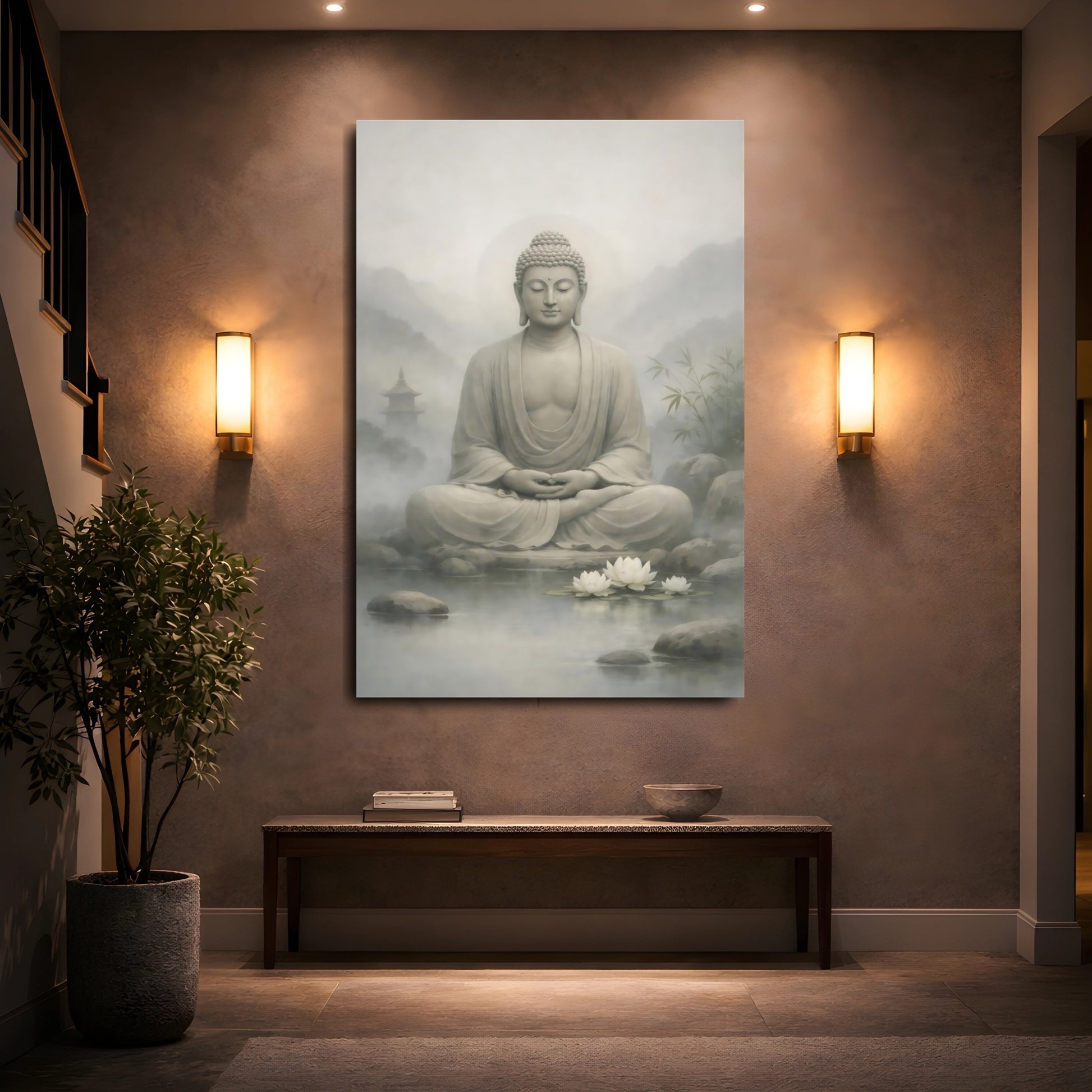 Mockup 4. Religious Buddha Grey Buddha shown as stretched canvas wall art