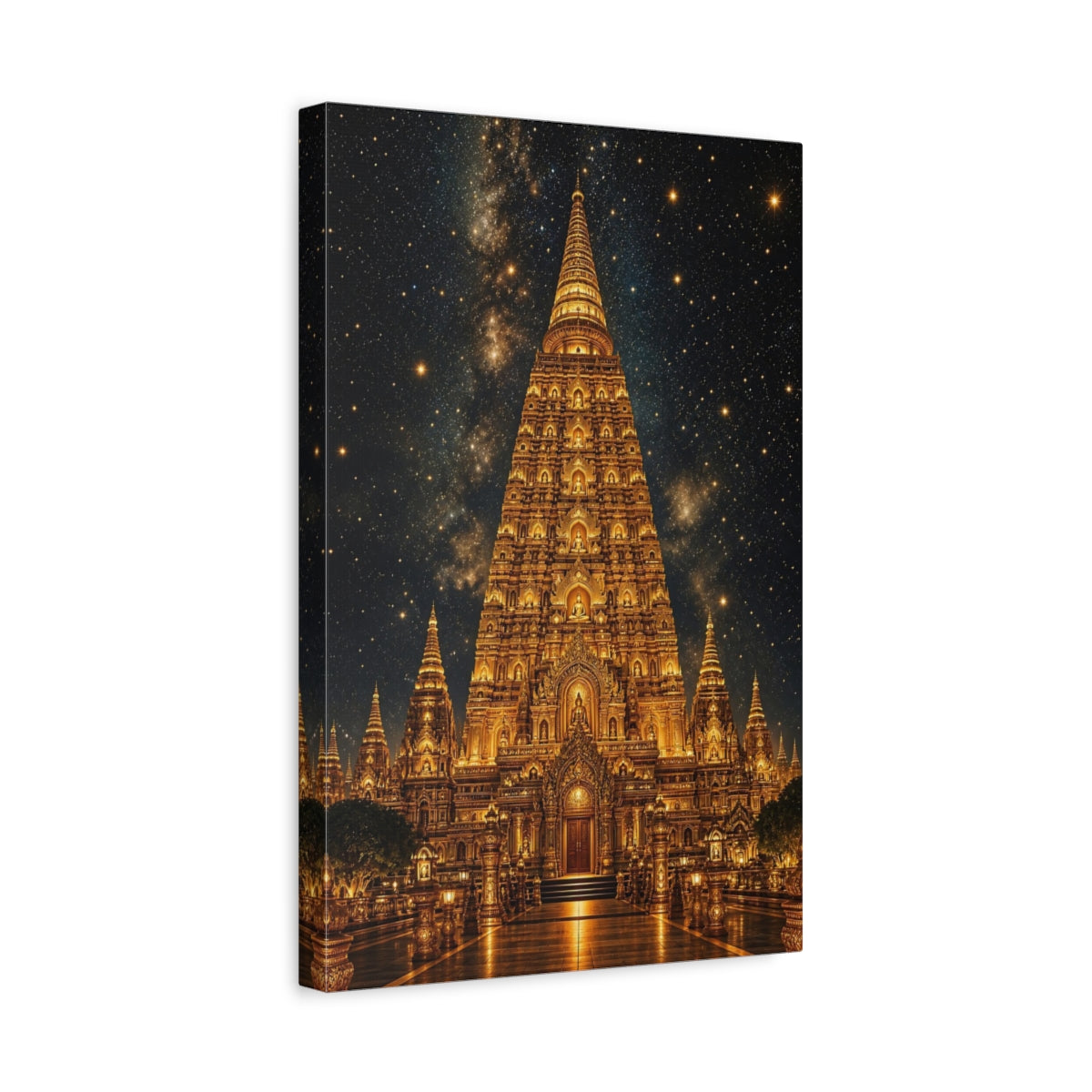 Side Mockup 4. Religious Buddhist Temple Gold Temple Night shown as stretched canvas wall art