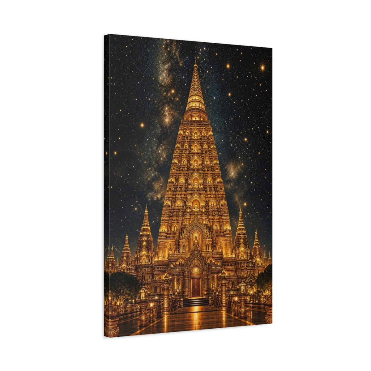 Side Mockup 2. Religious Buddhist Temple Gold Temple Night shown as stretched canvas wall art
