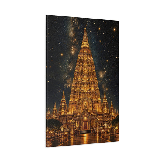 Main Mockup. Religious Buddhist Temple Gold Temple Night shown as stretched canvas wall art